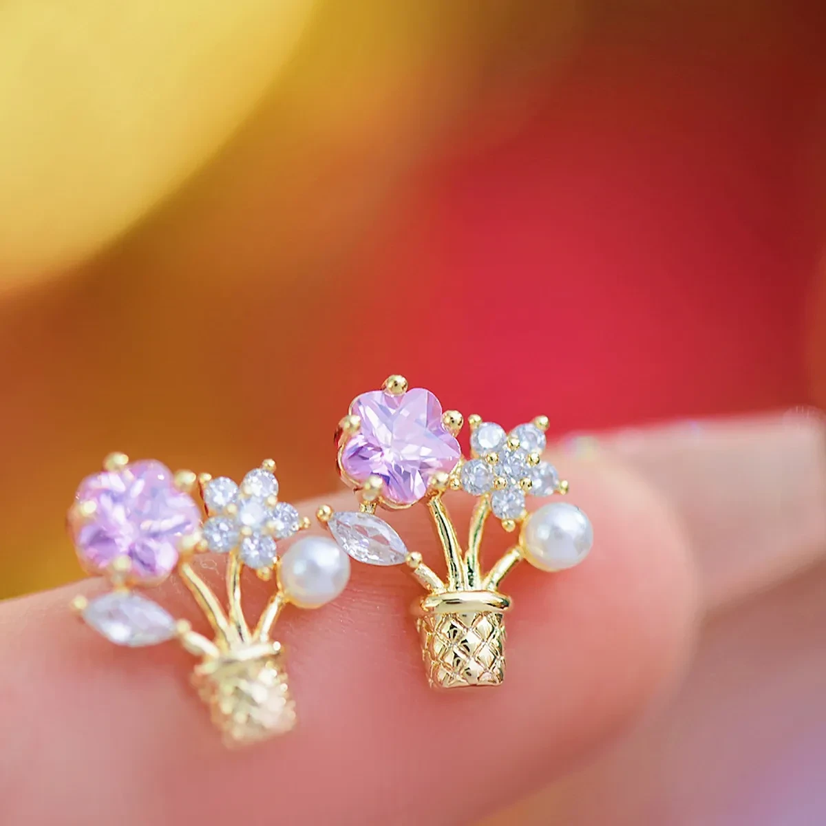 Flower Zircon Potted Bouquet Ear Studs Without Pierced Mosquito Coil Female Ear Clip