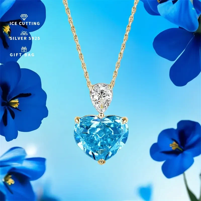 Silvery Topa Blue Color Heart High Quality Synthetic Zirconia Women's Necklace