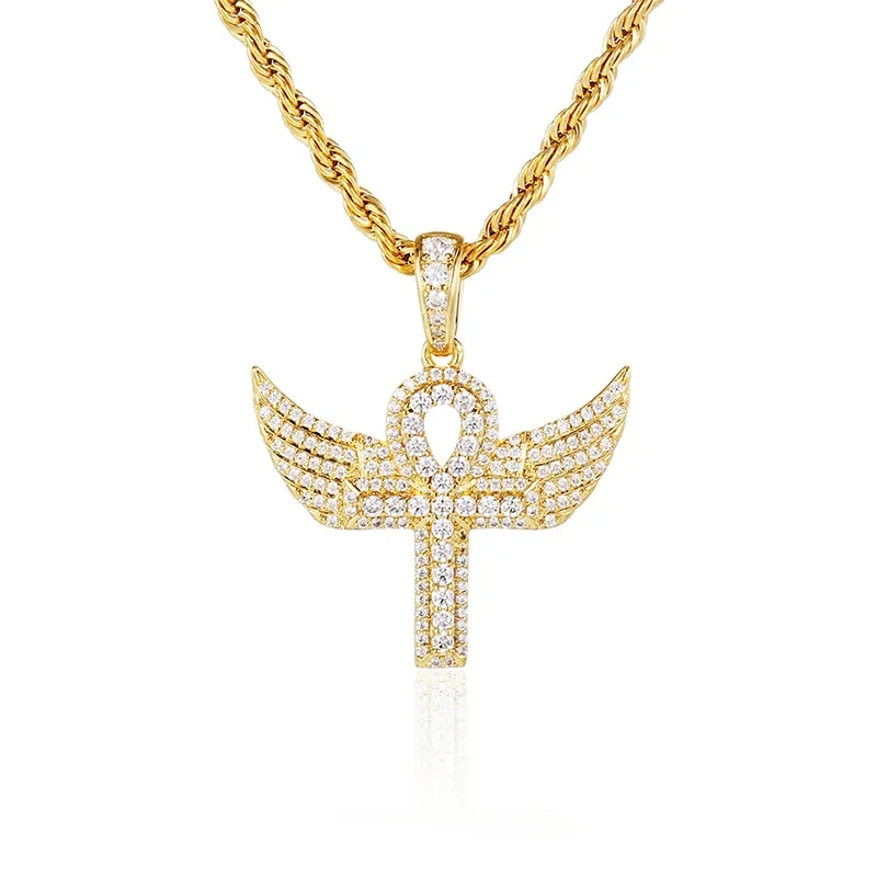Zircon - Encrusted Angel Wing Cross Pendant Gold