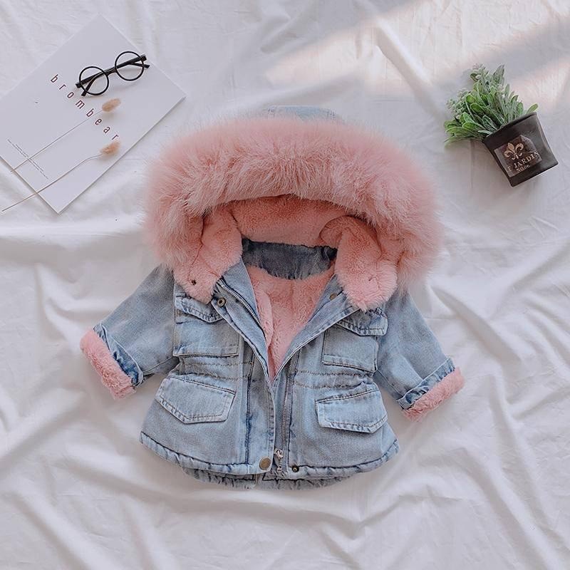 Girls' Denim Plus Velvet Jacket Autumn and Winter