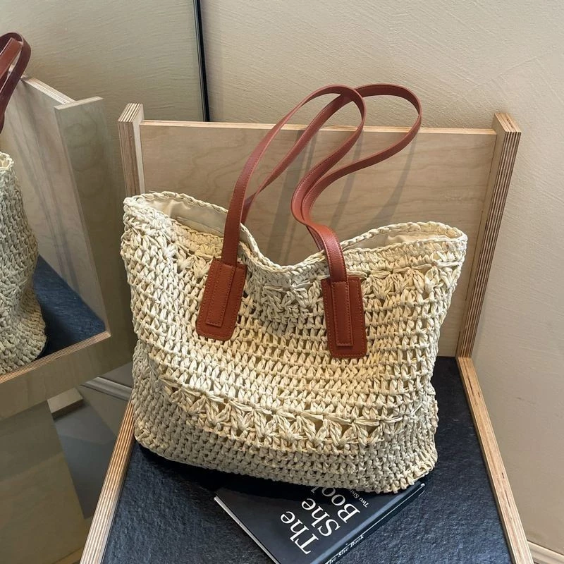 French Straw Woven Bag, Ethnic Style Leisure Solid Color, Large Capacity Tote Bag