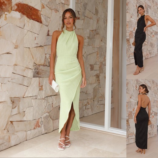 Shop the Halter Split Long Dress for women  a stylish slim fit backless dress perfect for summer. Featuring a halter neck, side slit, and high-end fabric, this dress is ideal for holiday events, parties, and special occasions.