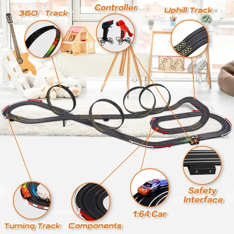 1 Set Hhobby Stars High-Speed Race Car Track Set for Kids, 4 Controllers, 2 Power Methods, Durable PP Material, Interchangeable Loops, Battery-Free Operation