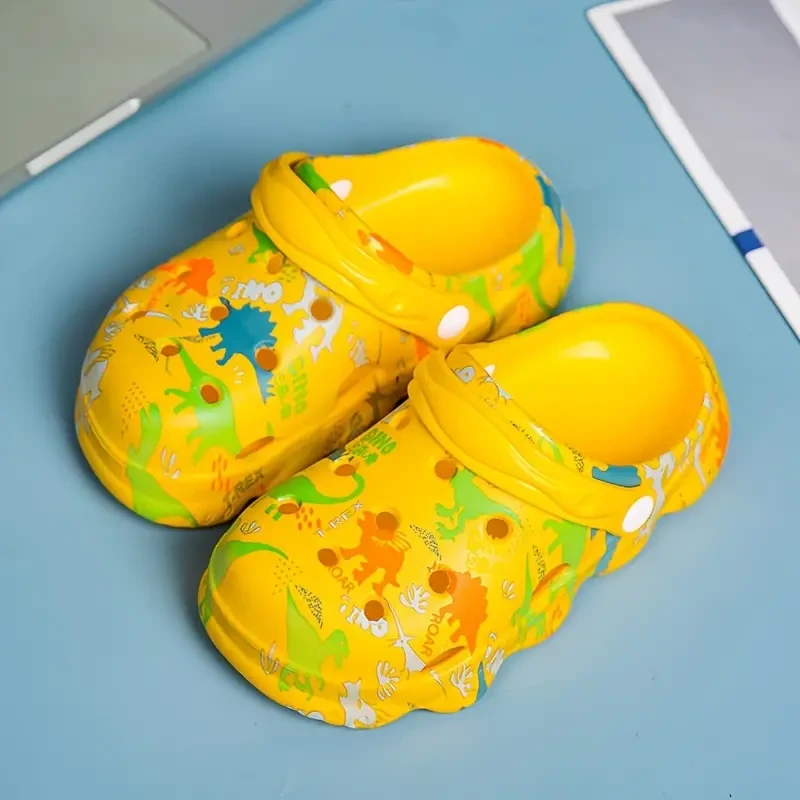 Unisex Kid's Adorable Dinosaur Pattern Clogs, Comfy Non Slip Casual Soft Sole Breathable Hollow Out Slippers For Boy's & Girl's Outdoor Activities
