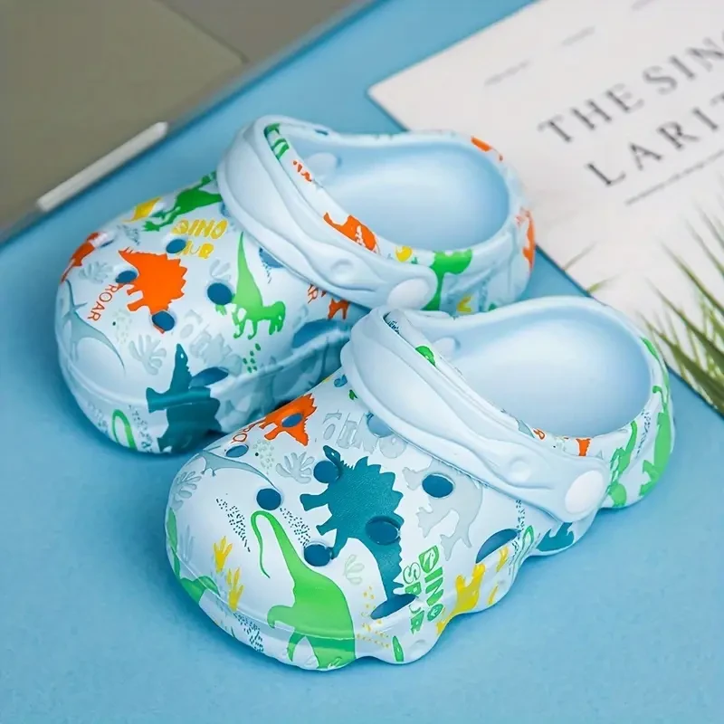 Unisex Kid's Adorable Dinosaur Pattern Clogs, Comfy Non Slip Casual Soft Sole Breathable Hollow Out Slippers For Boy's & Girl's Outdoor Activities