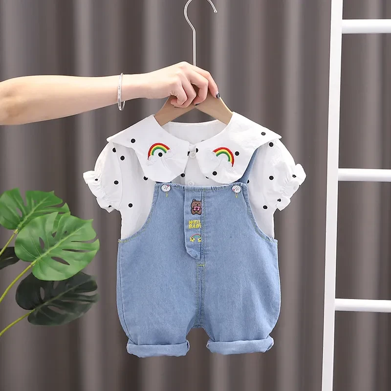 Girls' Summer Short-sleeved Suspender Pants Two-piece Set