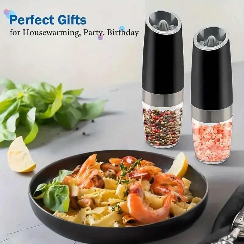 2pcs Electric Pepper and Salt Grinder Set, Adjustable Coarseness, Gravity Feed, Battery Operated with LED Light, Stainless Steel, Food Contact Safe, Requires 3 AA Batteries (Not Included)