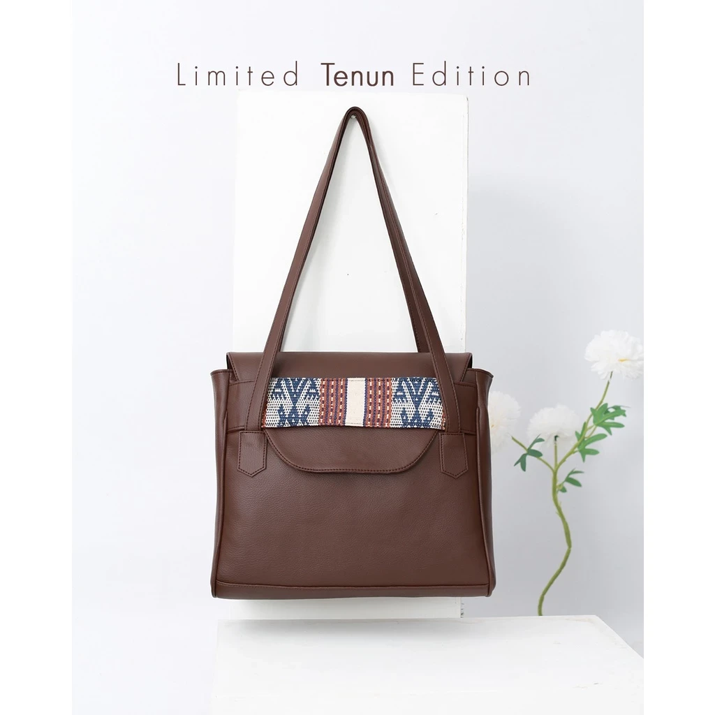 Mare Coffee Women's Work Bag with Lombok Ethnic Woven Fabric