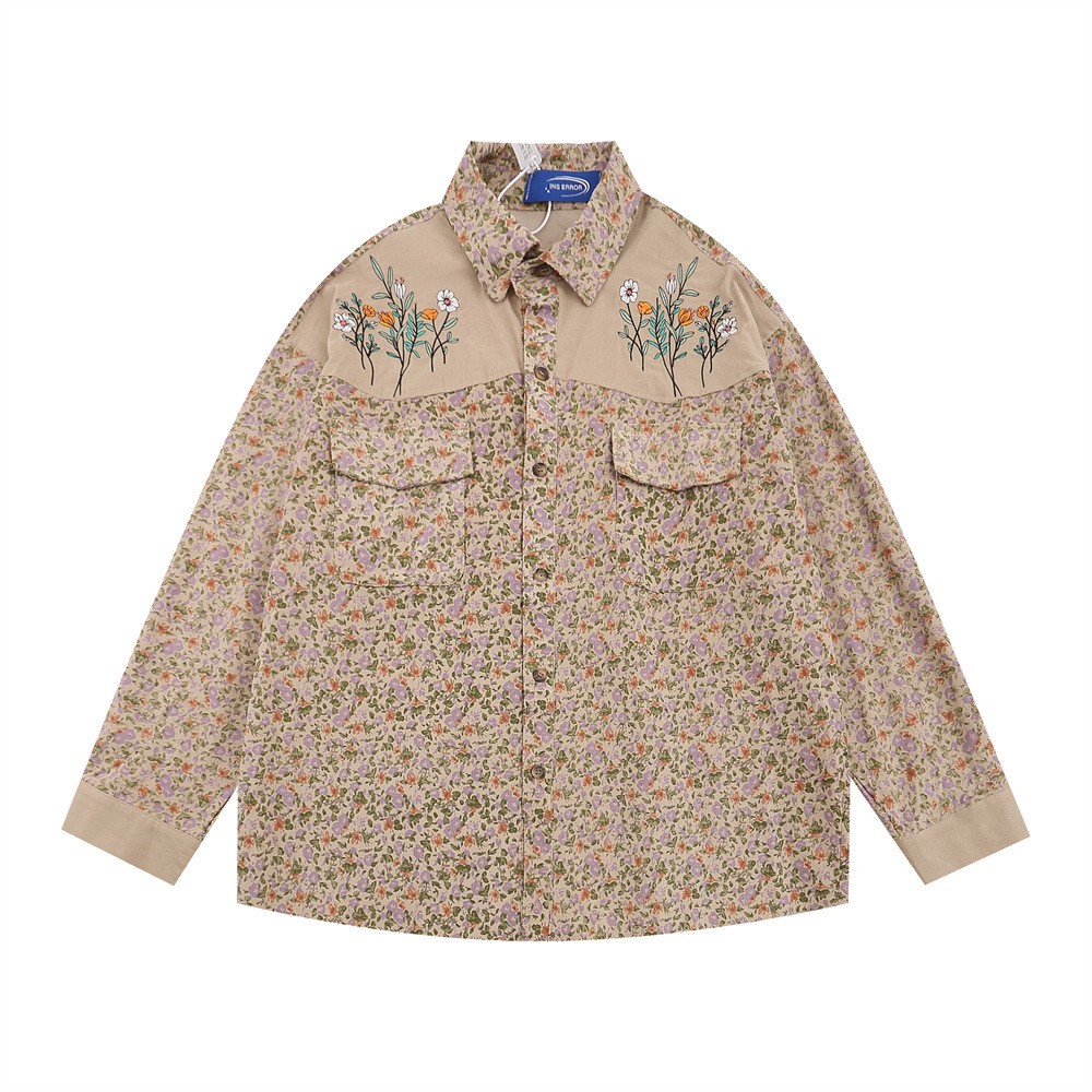 Floral Shirt Men's Loose Casual Long Sleeves Cardigan Stitching Embroidered Lapel Coat