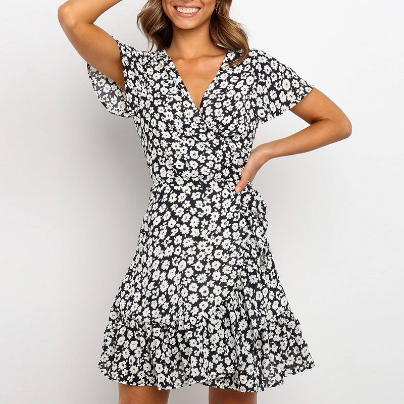 Floral Print Short-sleeved V-neck Casual Chiffon Dress