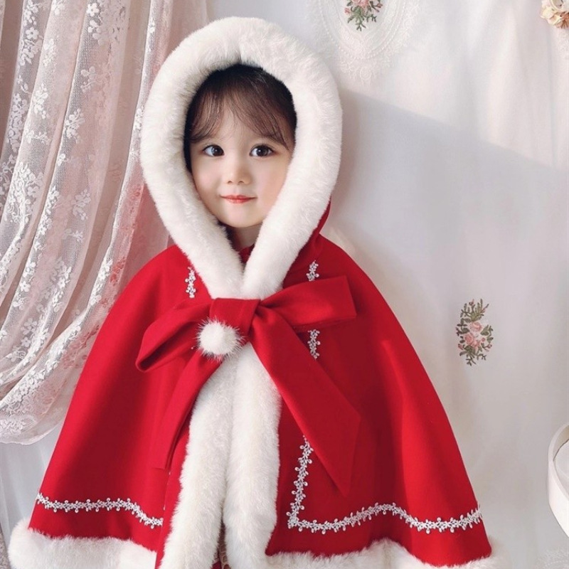Thickened Kids' Overcoat Fleece-lined Shawl Fur Collar Christmas Cape