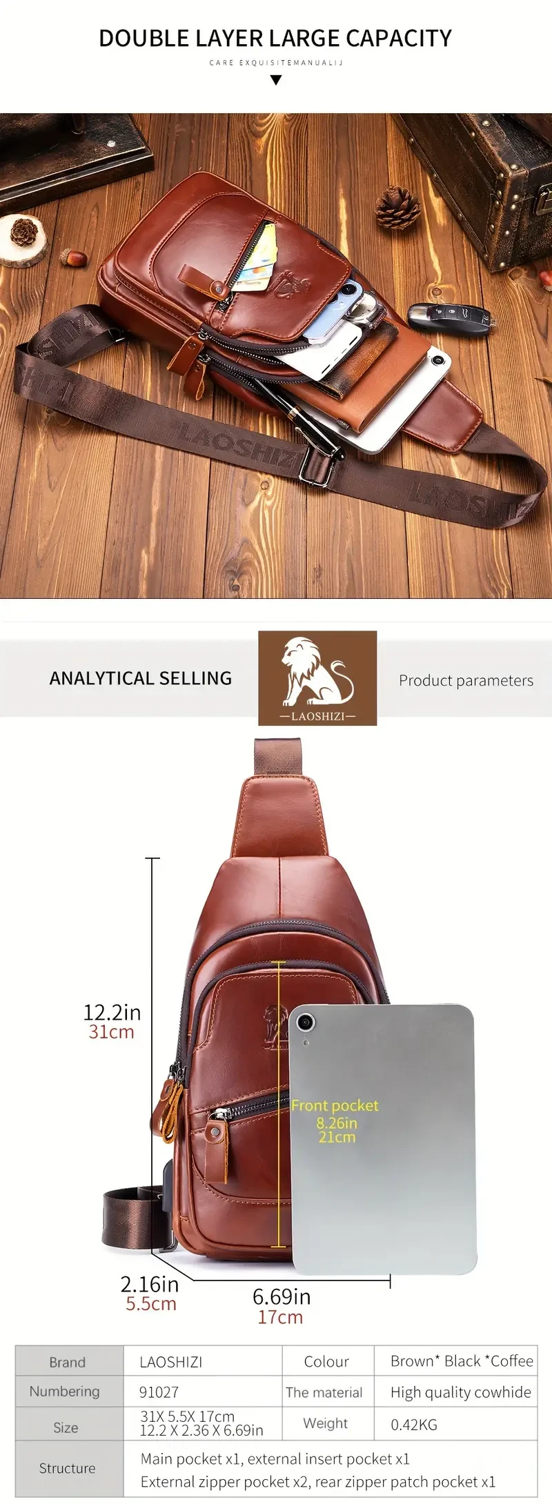 Men's Premium Genuine Leather Sling Bag with USB Charging Port - Adjustable Strap, Multi-Pocket Crossbody Chest Pack for Outdoor Adventures