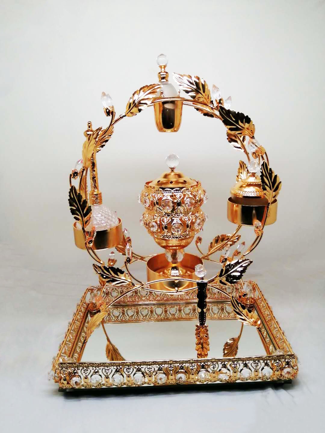 Gold Design Vanity Set: Candle Holder, Jewelry Box, Perfume Bottle, and Mirror Tray