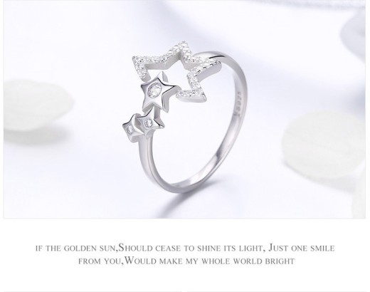 Simple Fashion Star Open Female Ring 925 Sterling Silver With Platinum Plated Diamonds