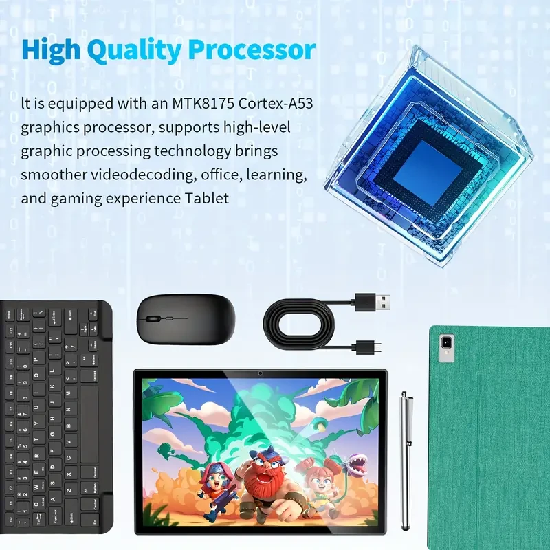 1pc Relndoo 25.65cm 2-in-1 Android Tablet PC with Keyboard, Case, Mouse, Stylus - 4+4GB RAM, 64GB ROM, WiFi, Dual Camera, LED Display, USB Type-C Charging, Mali-G52 GPU, Android 13, 2.4GHz RF, 1280x800 Resolution, Rockchip Processor, Rechargeable Battery