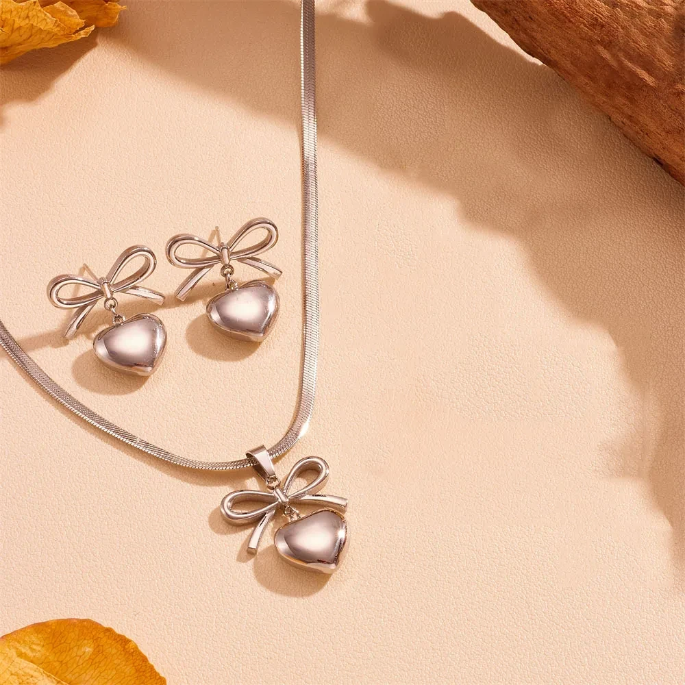 Stainless Steel Peach Heart Bow Necklace Ear Stud Ornament SuitProduct Image: