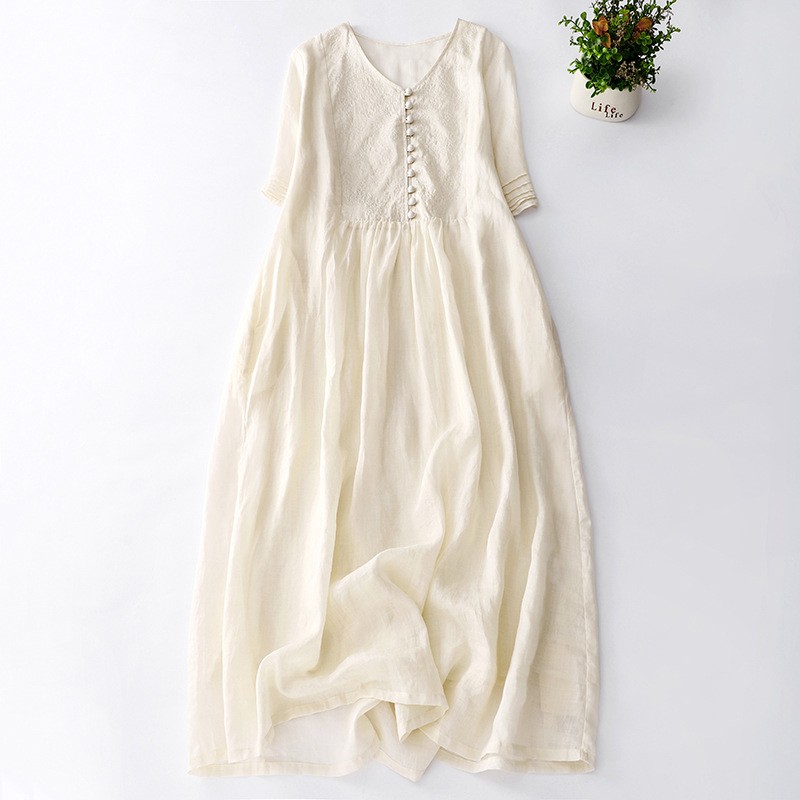 Embroidered Cotton And Linen Solid Color Beige V-neck Dress