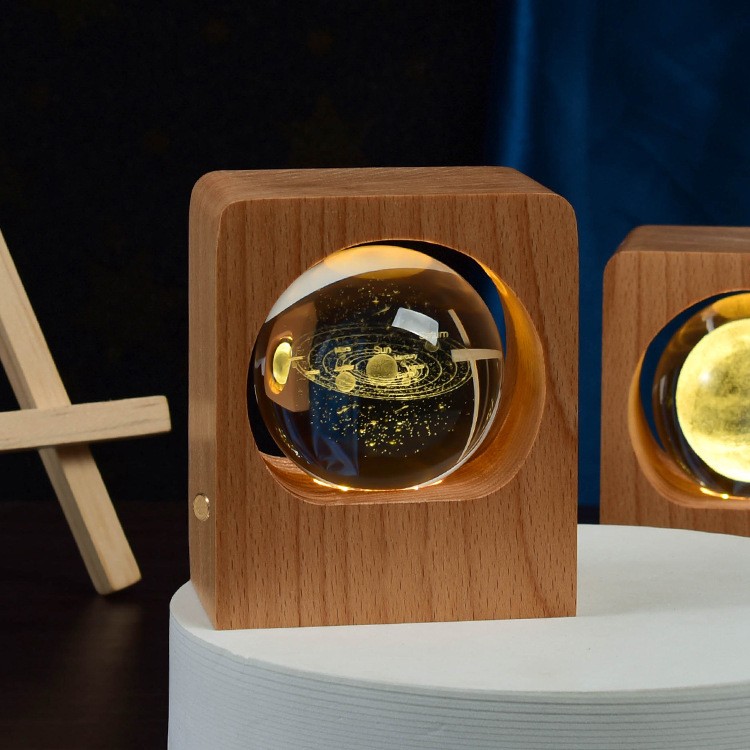 Beech Crystal Ball Night Light 3D Laser Engraving Home Decor