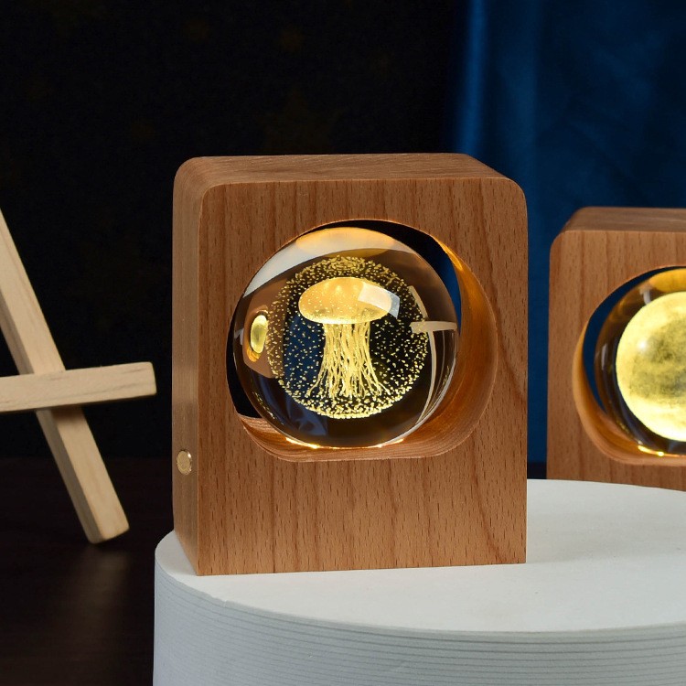 Beech Crystal Ball Night Light 3D Laser Engraving Home Decor