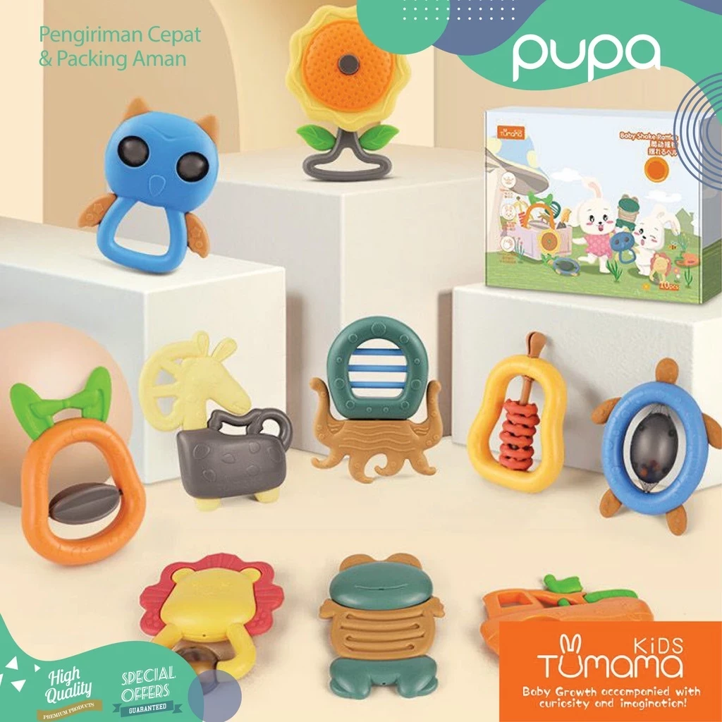 PUPA X TUMAMA Baby Rattle Teether Toy 10 in 1 + Box Baby Teether Toy Kids Included Set Box