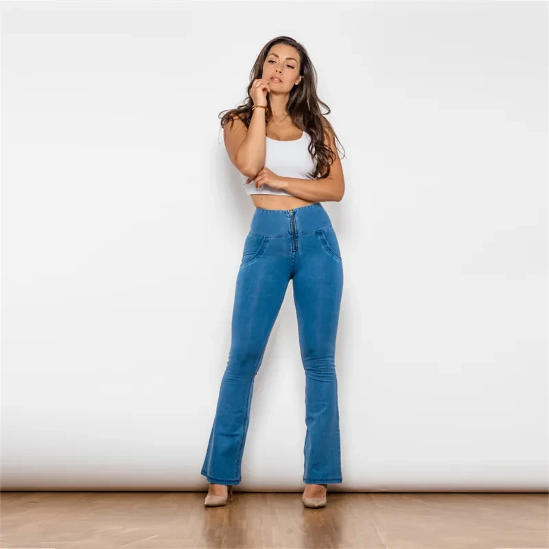 Women's Light Blue High Waist Flared Pants with Hip Lift