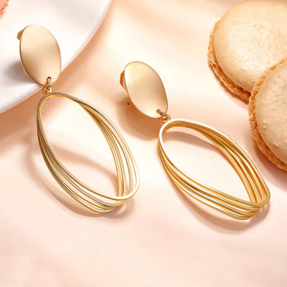 New Geometry Retro Metallic Gold Color Multiple Oval Pendant Clip Earrings