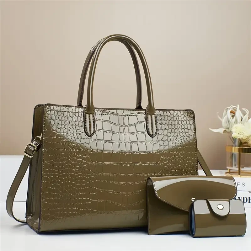 1pc Elegant Crocodile Pattern Faux Leather Tote Bag for Women, Fashionable High-End Handbag with Removable Strap, Zipper Closure, Polyester Lining, and Includes Matching Wallet
