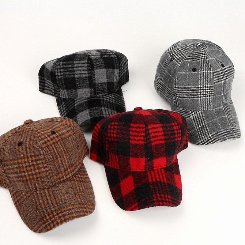 Baseball Cap Female Plaid Woolen Hard Top Peak Cap