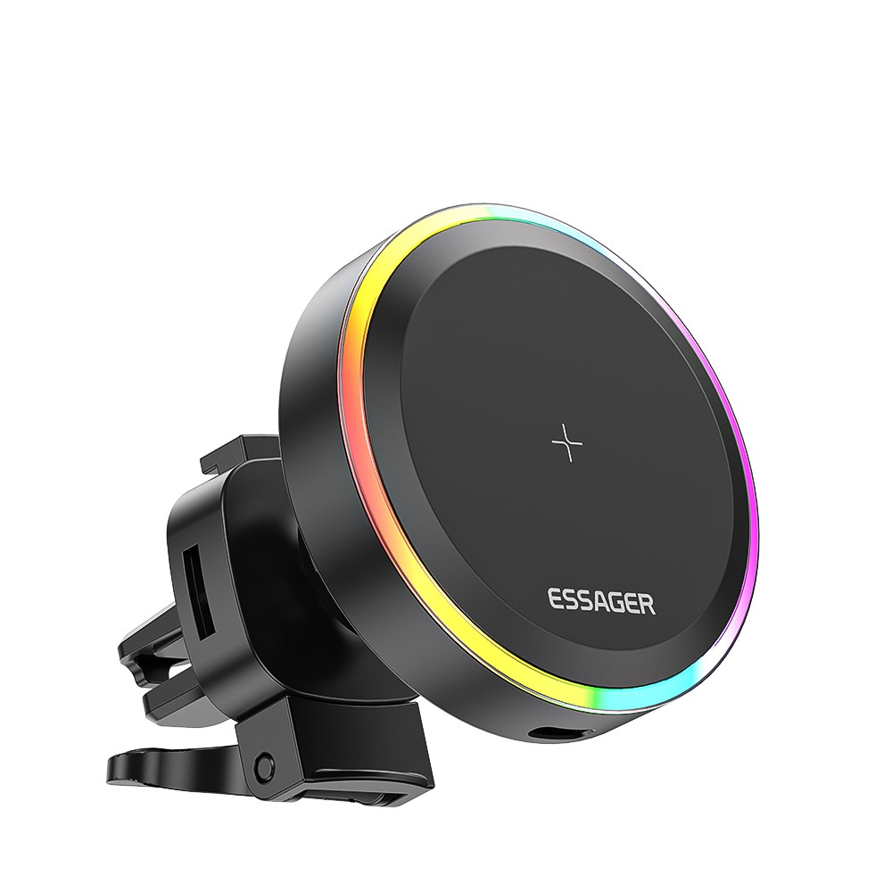 Essager RGB Magnetic Car Phone Holder Qi 15W Wireless Charger - Universal Phone Holder Stand for iPhone 15, 14, 13 Pro Max, Samsung