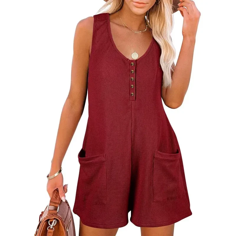 Casual Waffle Button Jumpsuit With Pockets Fashion Summer Womens Clothing