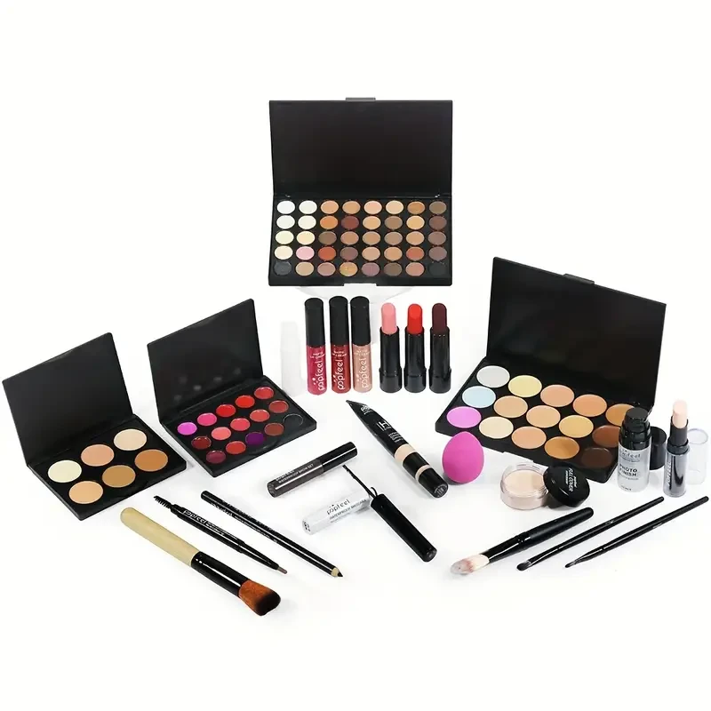 24pcs All-in-One Makeup Kit, Mixed Color Palette, Foundation, Concealer, Eyeshadow, Lipstick, Brushes, Tools, Paste Form, Complete Cosmetic Set