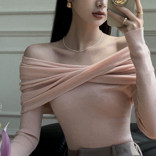 Off-neck Twisted Shoulder-baring Sweater Women