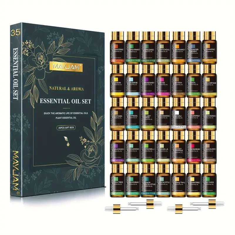 5ml*35 Alcohol-free Single Formula Essential Oil Body Massage Oil Gift Box Set Suitable for Diffuser, Humidifier, Candle and Soap Making, Christmas Gifts, Gifts to Relatives and Friends