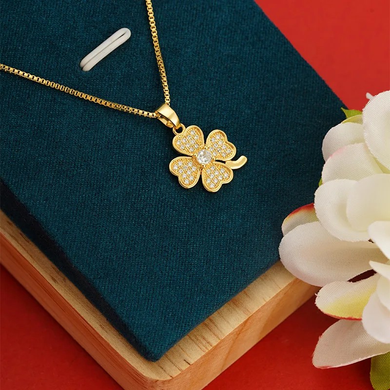 14K Gold Clover Pendant Necklace with Zircon