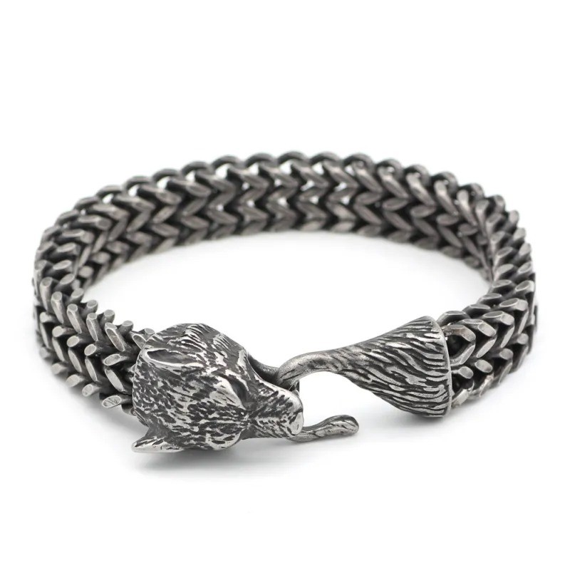 Men's Stainless Steel Black Wolf Head Cuban Chain Bracelet