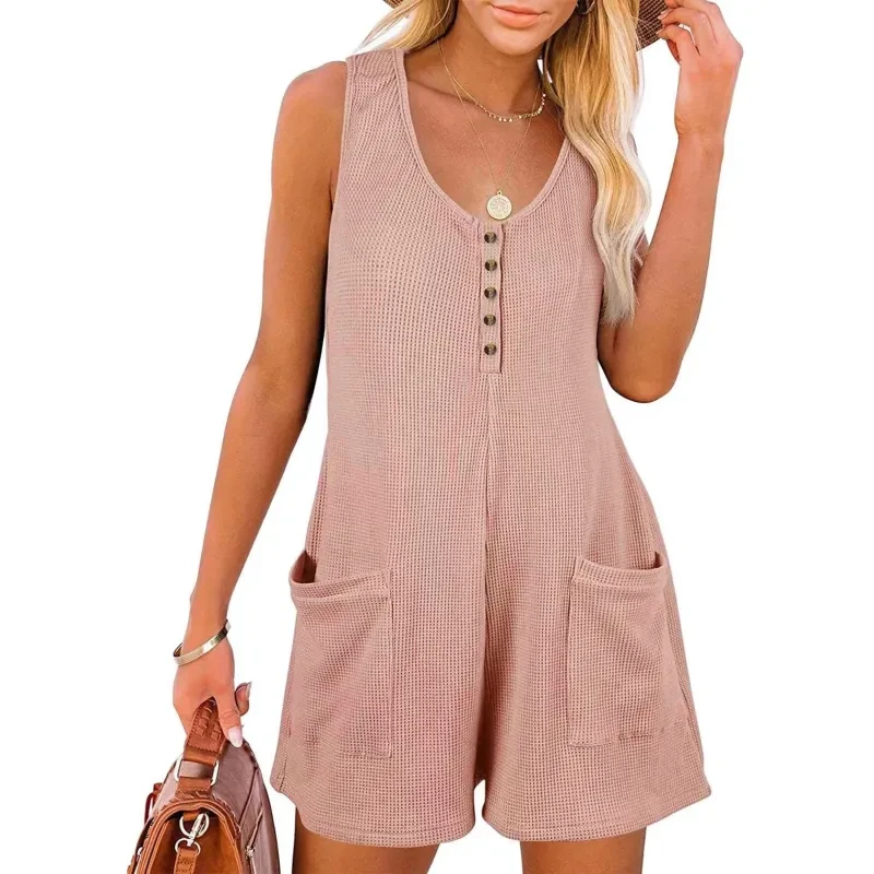 Casual Waffle Button Jumpsuit With Pockets Fashion Summer Womens Clothing