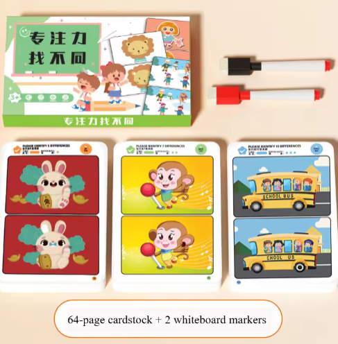 64 Pages Find The Difference Puzzle Game Erasable and Rewritable Focus and Observational Training Brain Development Toy for Kids