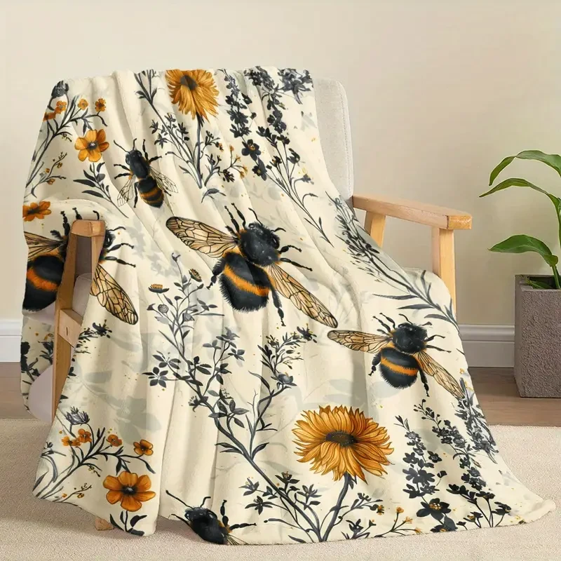 Bee and Wildflower Themed Flannel Throw Blanket