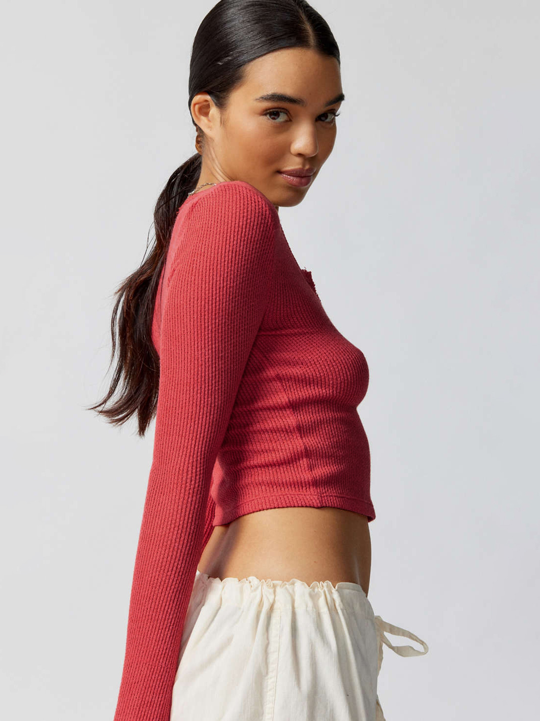 Women's Solid Color Ribbed Slim T-shirt V-neck