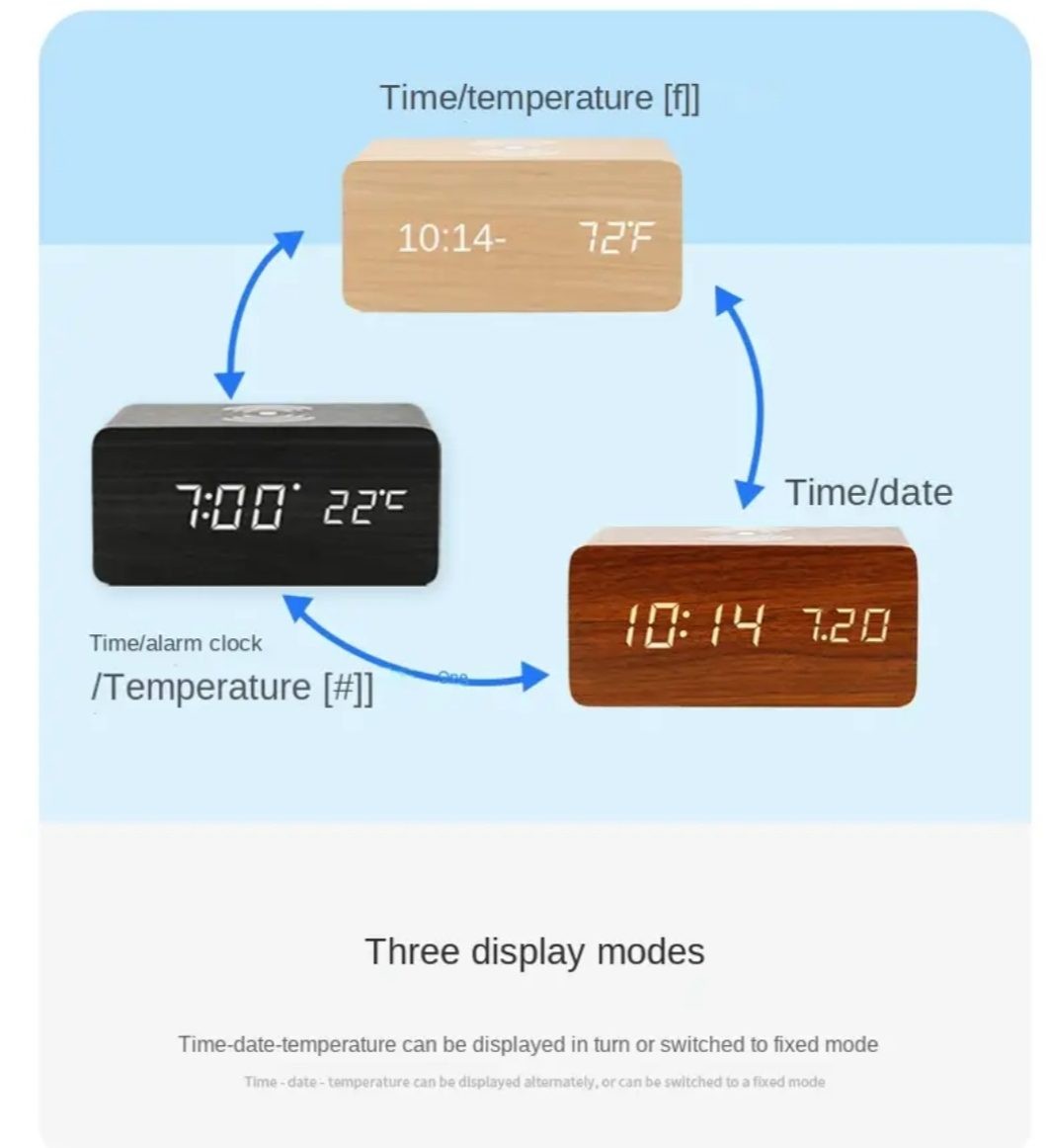 AWESOME WOODGRAIN ALARM CLOCK WITH WIRELESS CHARGER AT TOP , USB POWERED