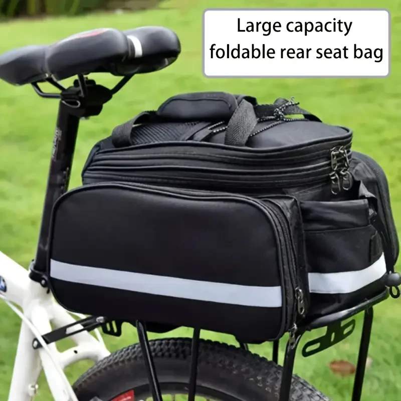 1pc Waterproof Black Bicycle Rear Rack Storage Bag, Large Capacity Foldable Bike Saddlebag with Reflective Strip, Convertible Strap, Oxford Cloth, Thanksgiving Gift for Mountain Bikes