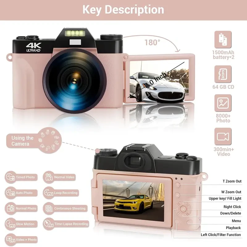 4K UHD & 56MP Compact Camera Kit with Auto Focus, 180 Flip Screen, 16x Digital Zoom - Includes Battery, 64GB Micro SD Card, and Charger - Ideal for Photography & Vlogging (Black)