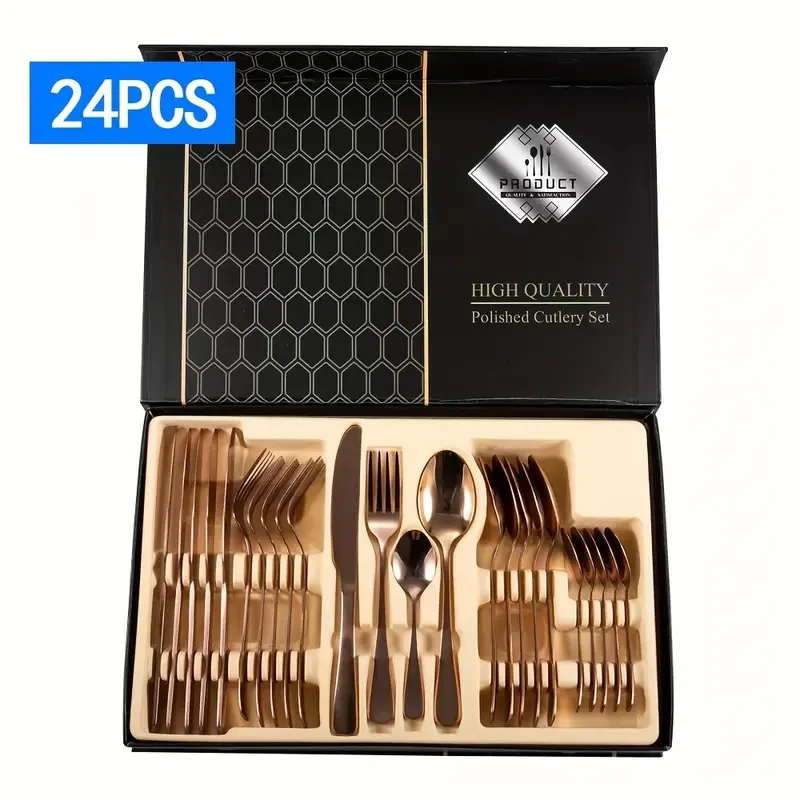 Elegant 24pcs Rose Golden Stainless Steel Cutlery Set