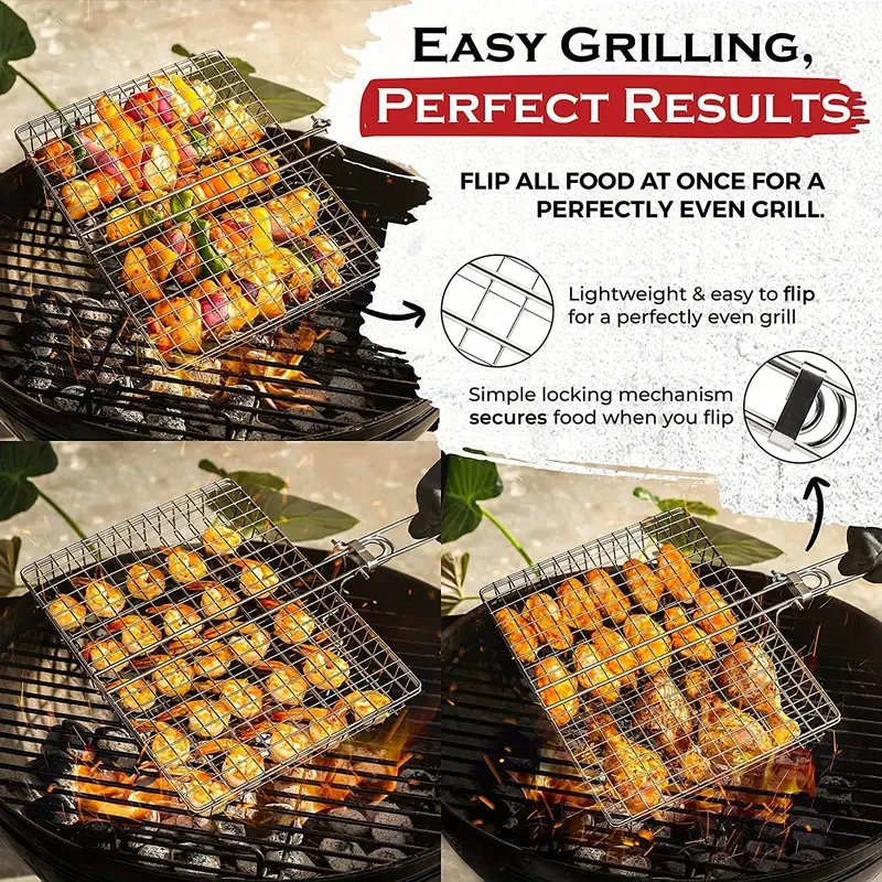 1pc Large Capacity Stainless Steel Nonstick BBQ Grilling Basket With Handle - Perfect For Grilling Chicken And Other Meats, Kitchen Supplies, Kitchen Accessories, BBQ Accessories Kitchen Accessories