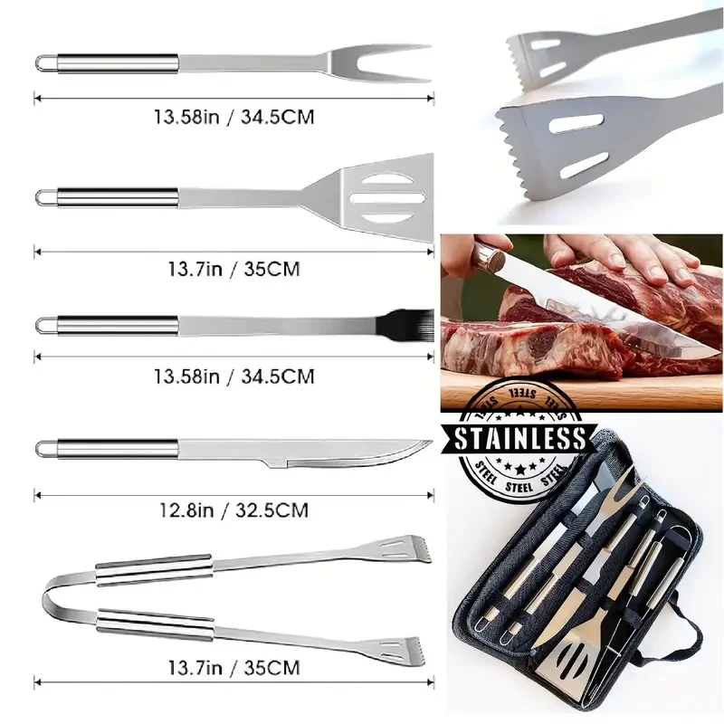 Stainless Steel BBQ Grill Tools Utensil Accessories Charcoal BBQ Smoker Tools Grill Plate Fork Kitchen Knife Meat Chop Cleaver Knife Tongs Spatula Outdoor Camping BBQ Cooking Stove Utensil Accessories Tools Best Gifts For Men Dad Him