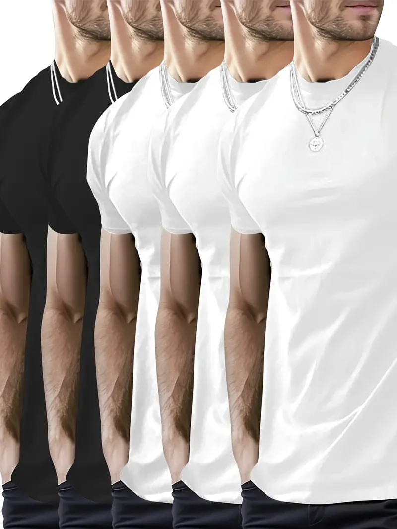 5pcs, Men's Solid Color Slim Fit Crew Neck And Short Sleeve T-shirts, Comfy Tops For Summer Casual And Sports Wear