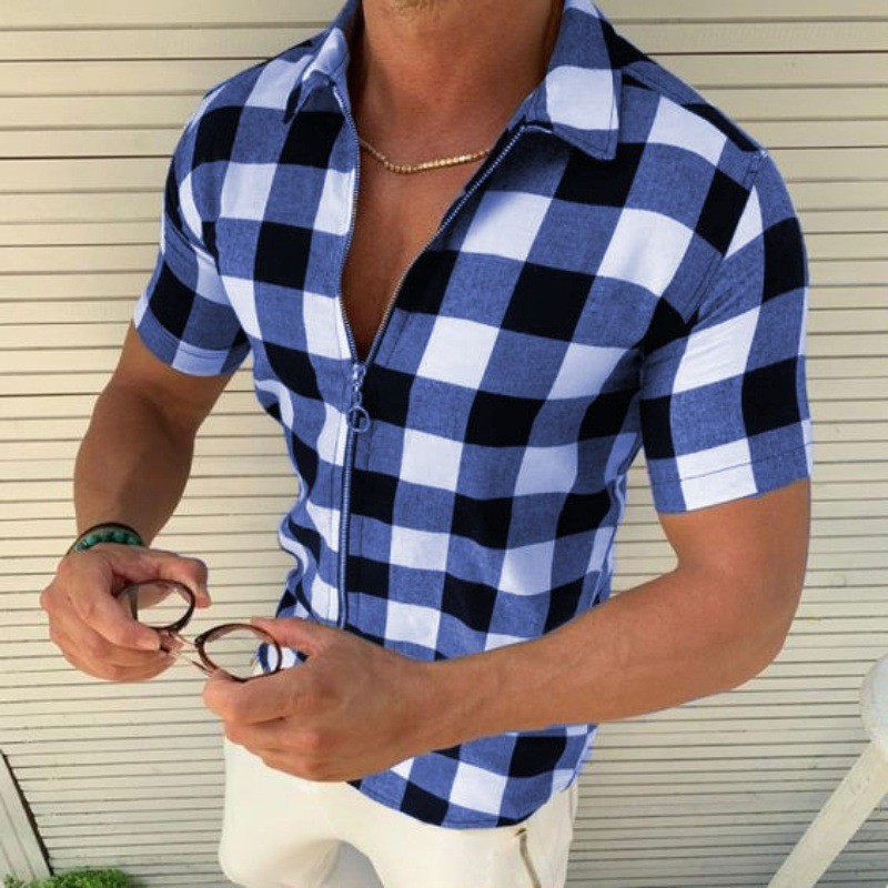 Summer Elegance: Men's Zippered Plaid T-Shirt with Short Sleeves