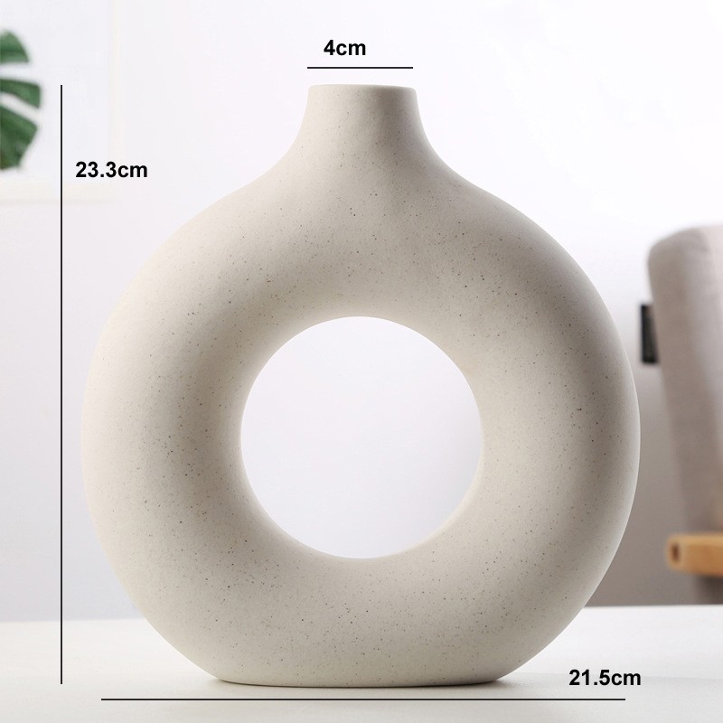 Nordic Circular Hollow Ceramic Donut Vase - Elegant Flower Pot for Home, Living Room, Office, and Desktop Decor
