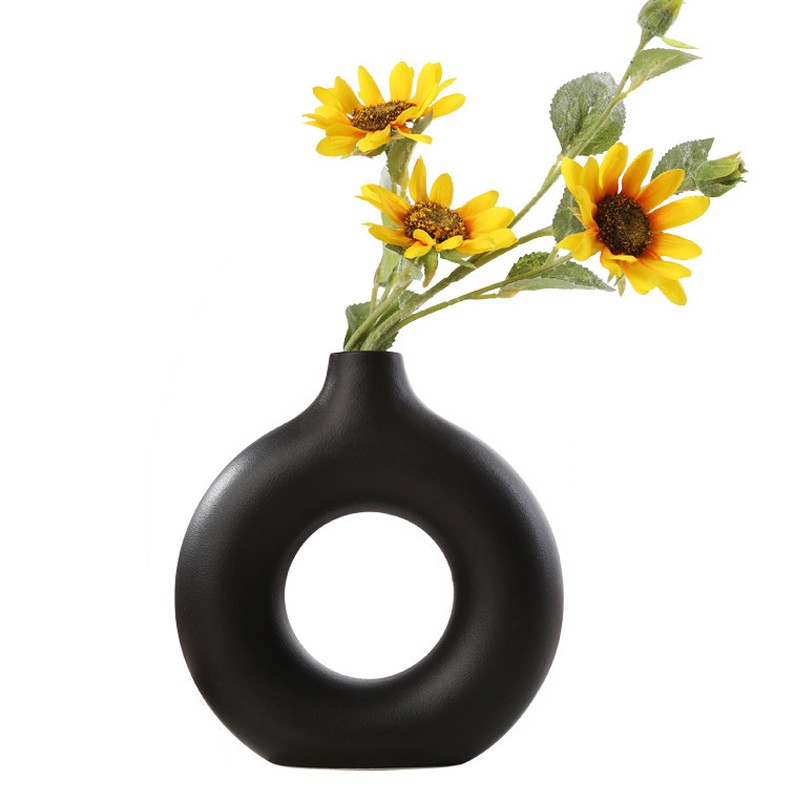 Nordic Circular Hollow Ceramic Donut Vase - Elegant Flower Pot for Home, Living Room, Office, and Desktop Decor