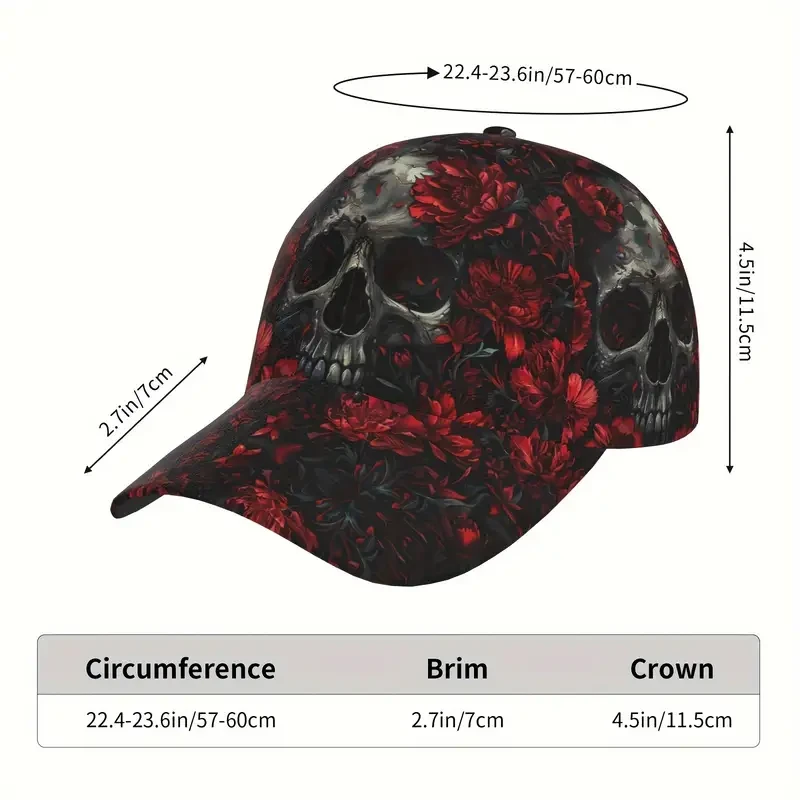 Skeleton on Red Flowers Print Baseball Cap
